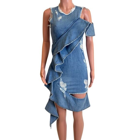Jonathan Simkhai Asymmetric Ruffled Dress Womens 6 Distressed Indigo Denim - Picture 2 of 14